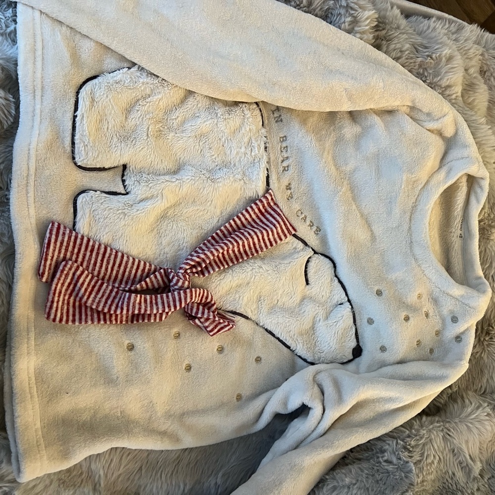 Cozy Polar Bear Sweater with Red Striped Scarf